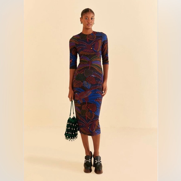Farm Rio Black Midnight Island Short Sleeve Midi Dress